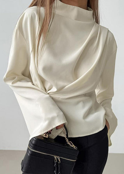 Chiffon Neck Irregular Sleeves Semi French High Long Shirt Beige