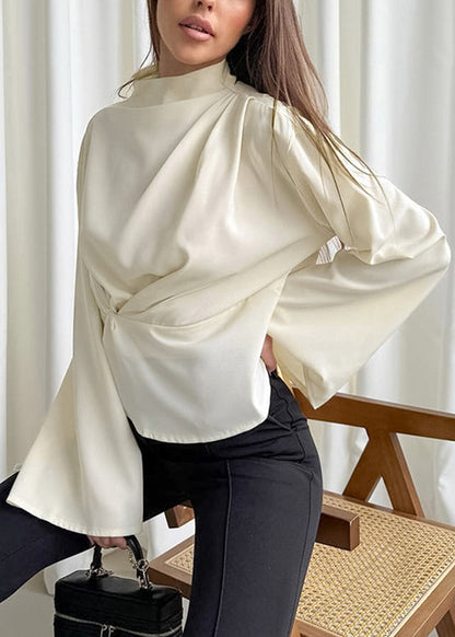 Chiffon Neck Irregular Sleeves Semi French High Long Shirt Beige