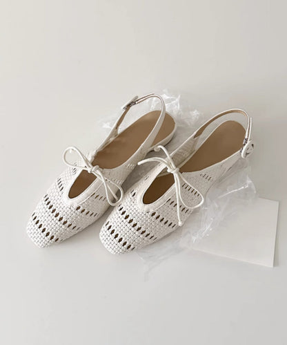 Out Hollow French Bow Beige Sheepskin Sandals Splicing