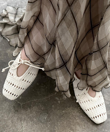 Out Hollow French Bow Beige Sheepskin Sandals Splicing