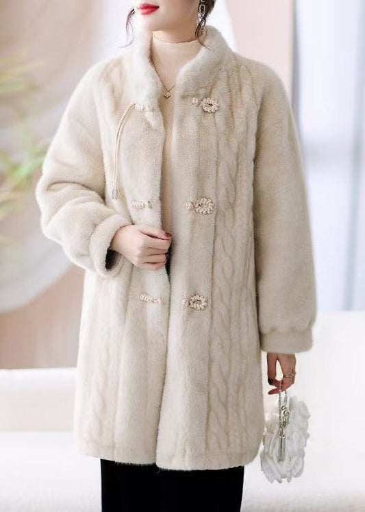 French Beige Stand Collar Button Pockets Mink Hair Coat Winter RH001