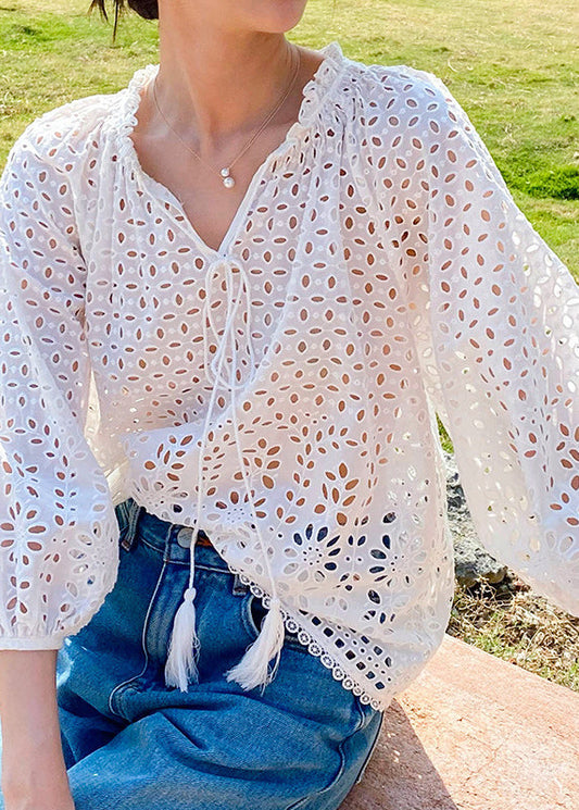 Spring Beige V Cotton French Neck Out Shirt Hollow