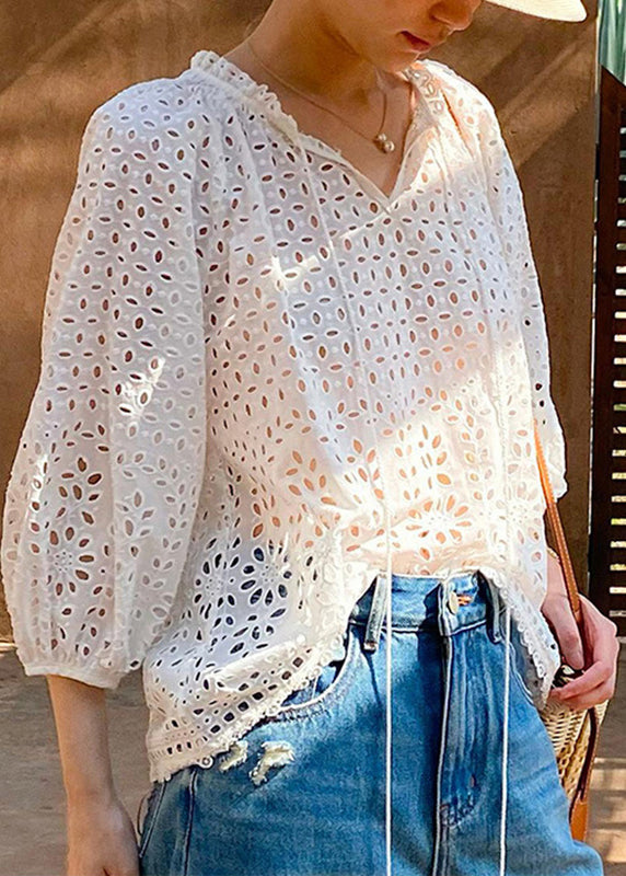 Spring Beige V Cotton French Neck Out Shirt Hollow