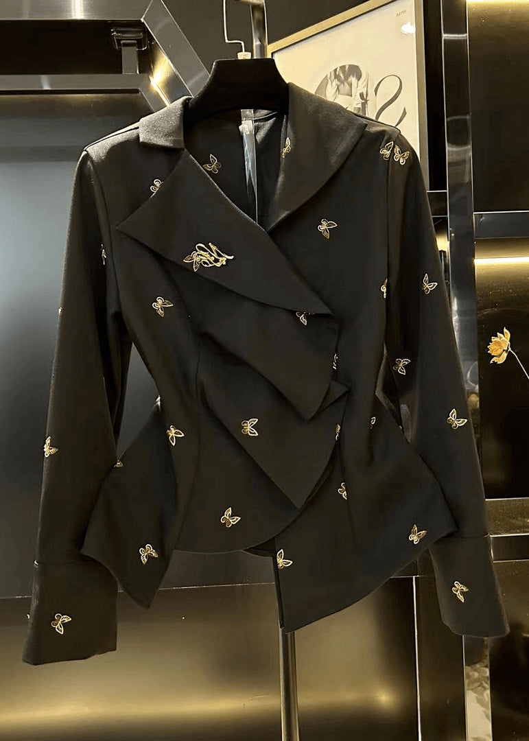 French Black Asymmetrical Butterfly Spandex Shirt Fall RK023