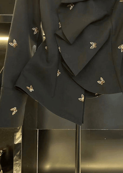 French Black Asymmetrical Butterfly Spandex Shirt Fall RK023