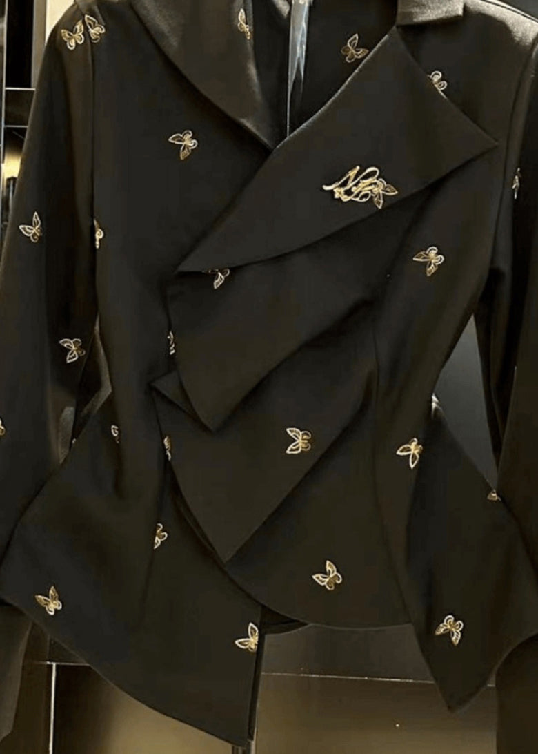 French Black Asymmetrical Butterfly Spandex Shirt Fall RK023