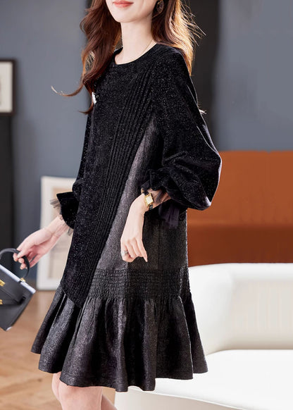 French Black Asymmetrical Patchwork Dresses Butterfly Sleeve RL045