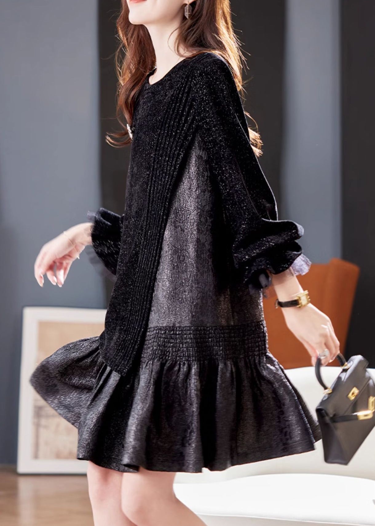 French Black Asymmetrical Patchwork Dresses Butterfly Sleeve RL045