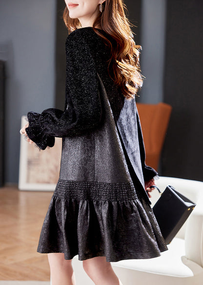 French Black Asymmetrical Patchwork Dresses Butterfly Sleeve RL045