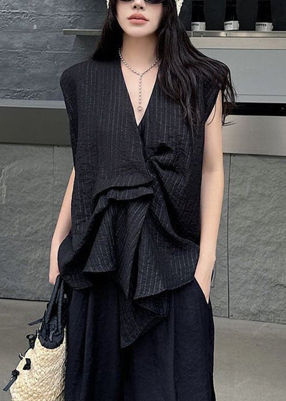 Cotton Sleeveless Asymmetrical Striped Tanks Black French