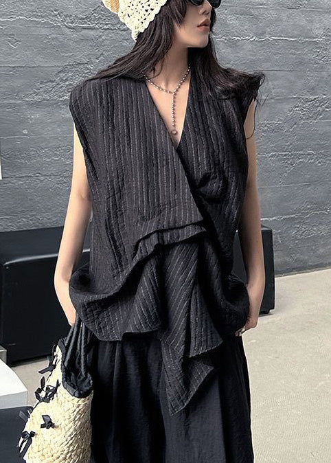 Cotton Sleeveless Asymmetrical Striped Tanks Black French