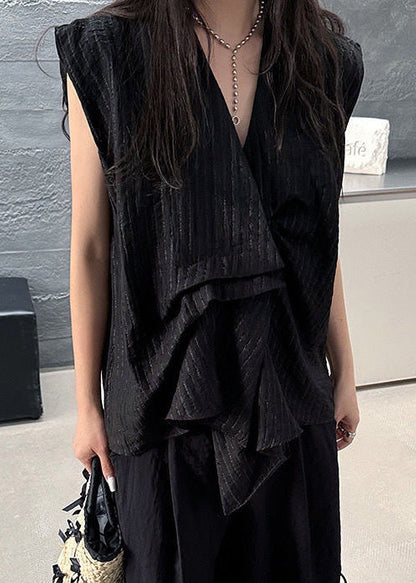 Cotton Sleeveless Asymmetrical Striped Tanks Black French