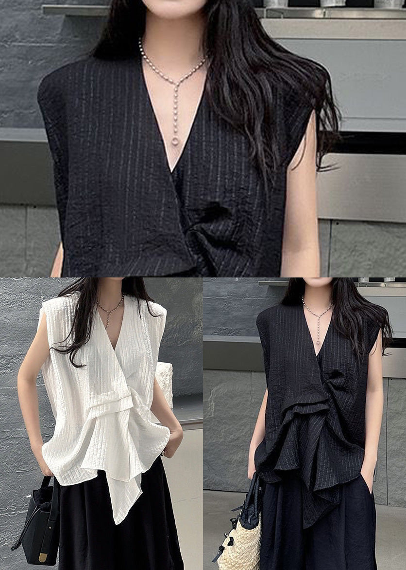 Cotton Sleeveless Asymmetrical Striped Tanks Black French