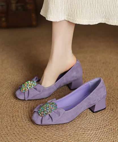 Splicing French Heel Black Bow Chunky Suede Zircon Shoes