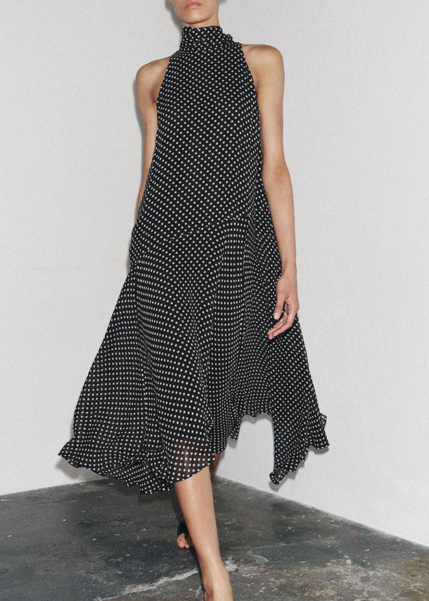 Sleeveless French Black Dot Long Chiffon Dress Print