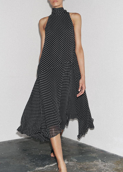 Sleeveless French Black Dot Long Chiffon Dress Print