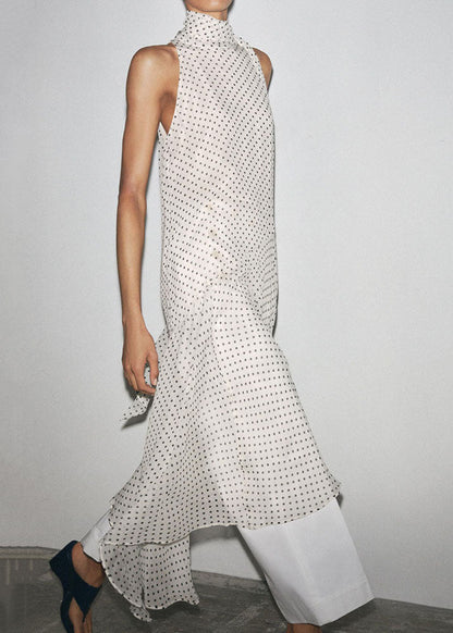 Sleeveless French Black Dot Long Chiffon Dress Print