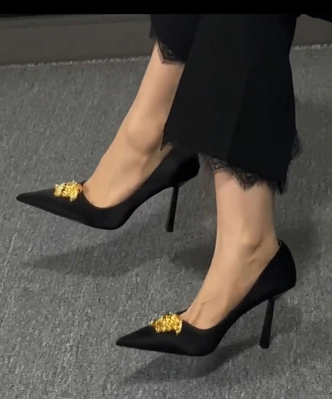 Splicing Heels Pointed Toe French Leather Black High Faux