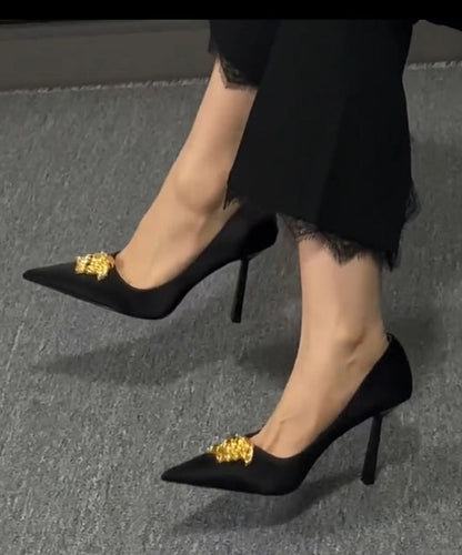 Splicing Heels Pointed Toe French Leather Black High Faux