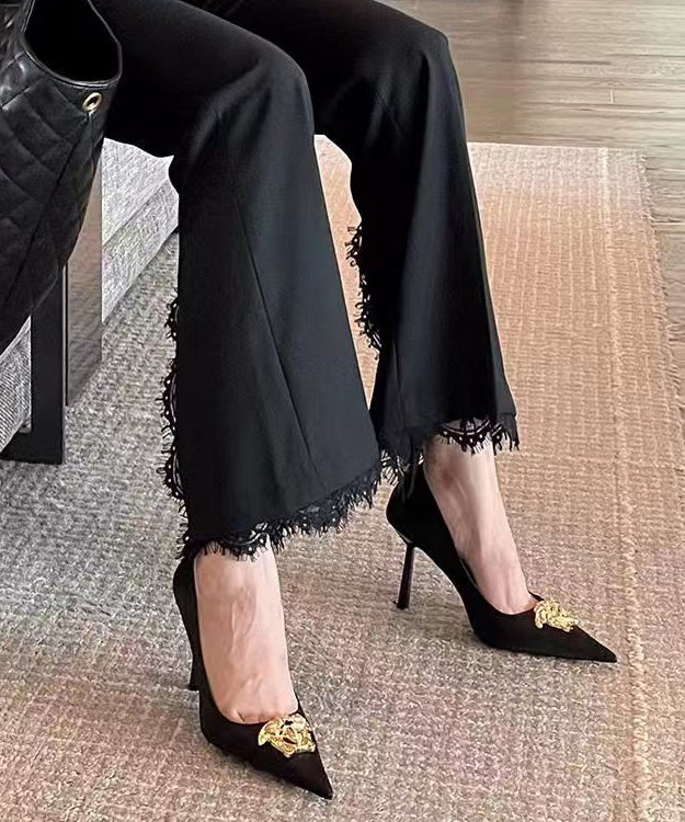 Pointed Splicing Toe French Heels Leather Black High Faux