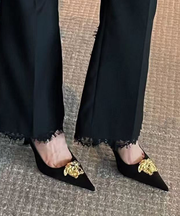 Pointed Splicing Toe French Heels Leather Black High Faux