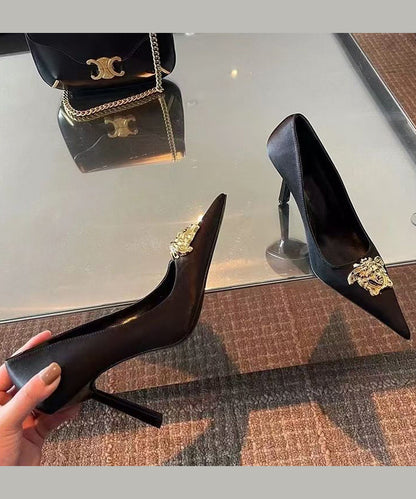 Splicing Heels Pointed Toe French Leather Black High Faux