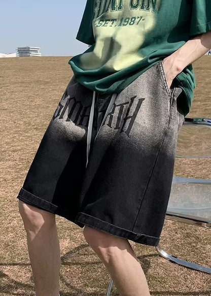 Color Print Waist Black Denim Elastic Gradient Pockets French