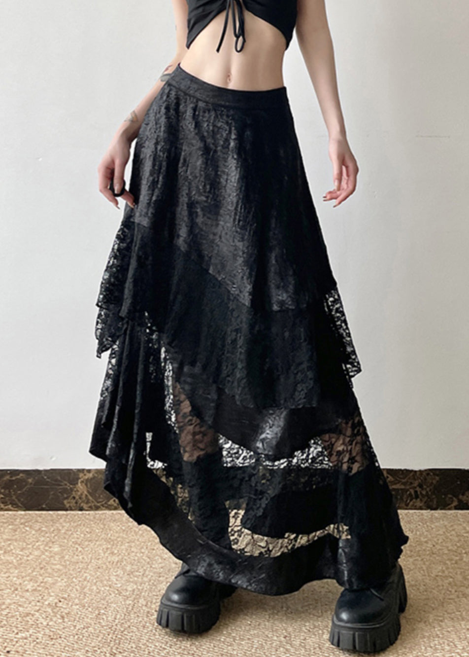 French Black High Waist Patchwork Lace Skirts Summer AW1018