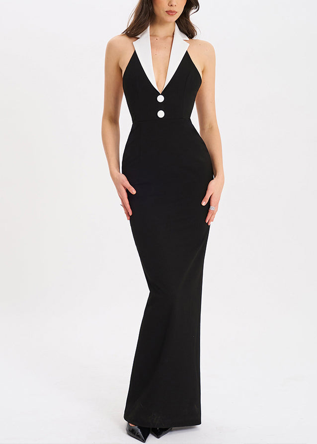 Backless Open Black Long French Notched Dresses Side Cotton