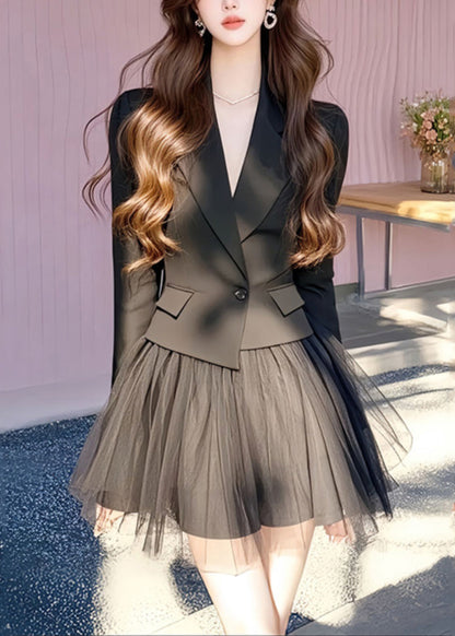 Black French And Long Skirts Coats Notched Tulle Set Two Pieces