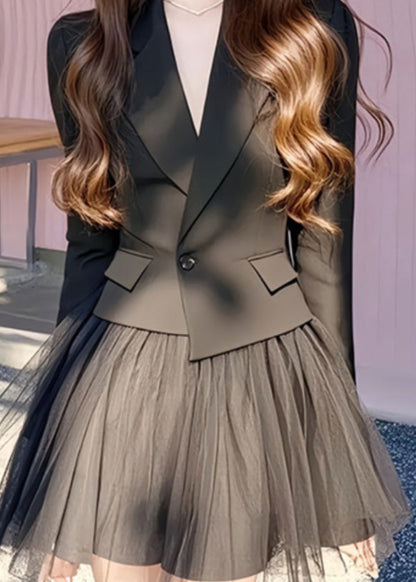 Black French And Long Skirts Coats Notched Tulle Set Two Pieces