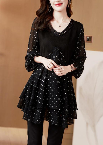 Sleeve Black Shirt Lantern Dot Chiffo O-Neck French