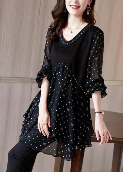 Sleeve Black Shirt Lantern Dot Chiffo O-Neck French