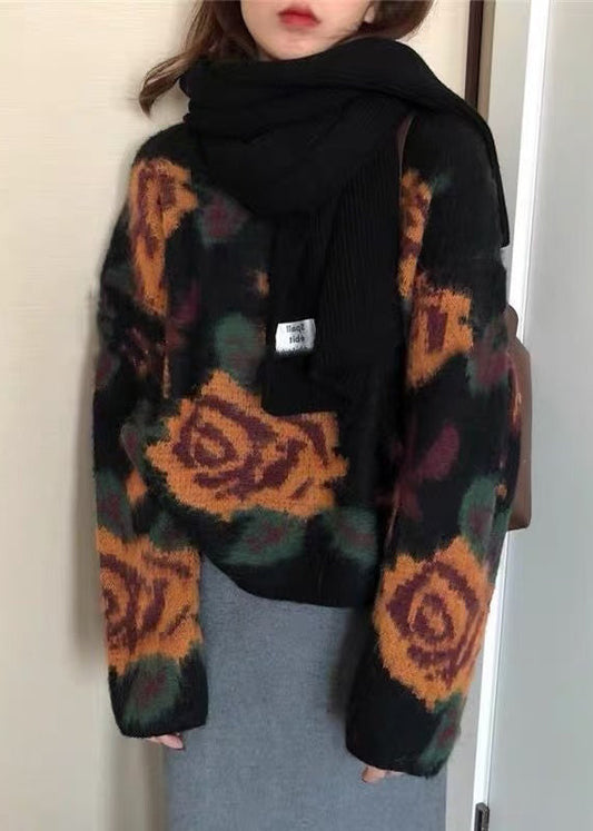 French Black O Neck Floral Jacquard Knit Sweater Tops Spring TN027