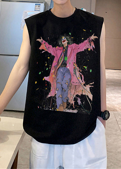 Black French O-Neck Sleeveless Mens Print Tanks Cotton