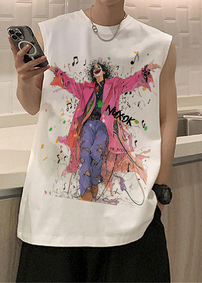 Black French O-Neck Sleeveless Mens Print Tanks Cotton