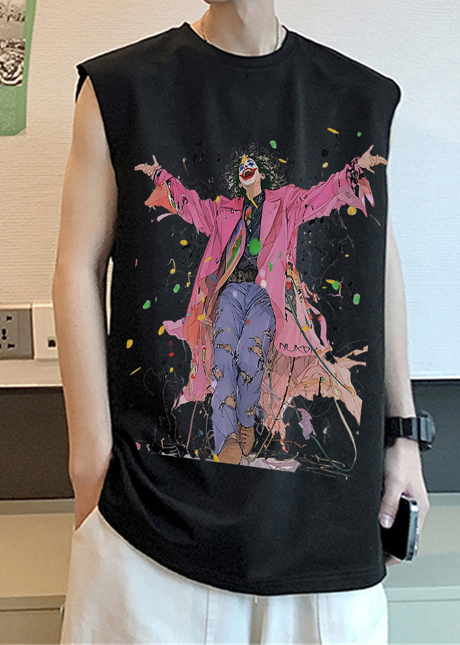 Black French O-Neck Sleeveless Mens Print Tanks Cotton