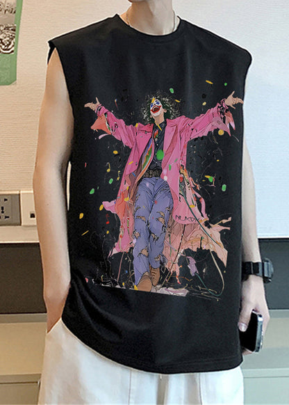 Black French O-Neck Sleeveless Mens Print Tanks Cotton