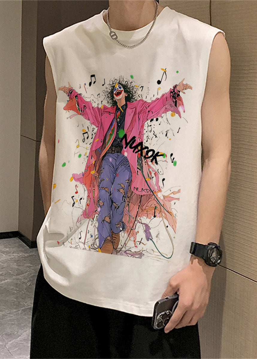 Black French O-Neck Sleeveless Mens Print Tanks Cotton