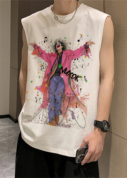 Black French O-Neck Sleeveless Mens Print Tanks Cotton