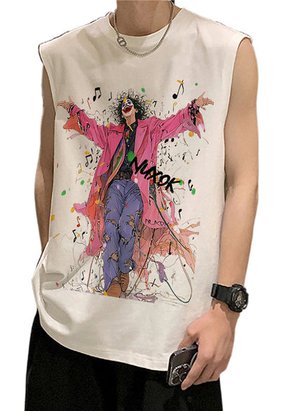 Black French O-Neck Sleeveless Mens Print Tanks Cotton