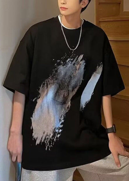 Black T Summer O Cotton Men Print Cozy Shirt French Neck