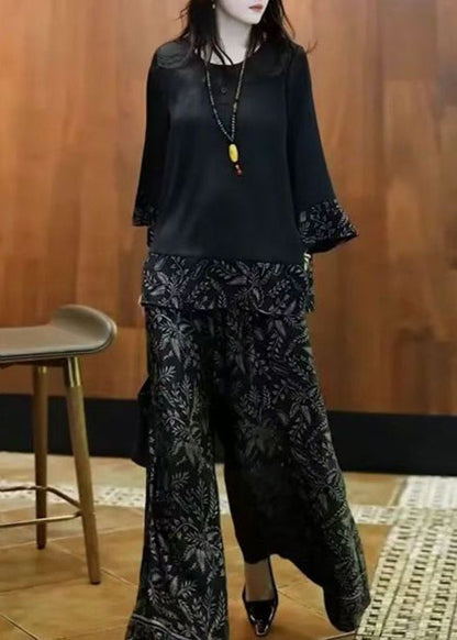 Silk Fall Black O Set Neck French Print Patchwork Two-Piece
