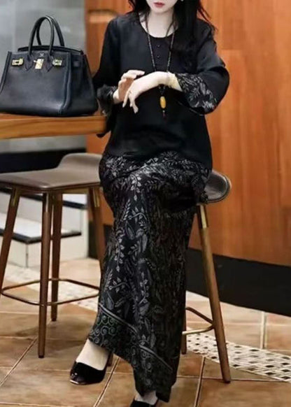 Silk Fall Black O Set Neck French Print Patchwork Two-Piece