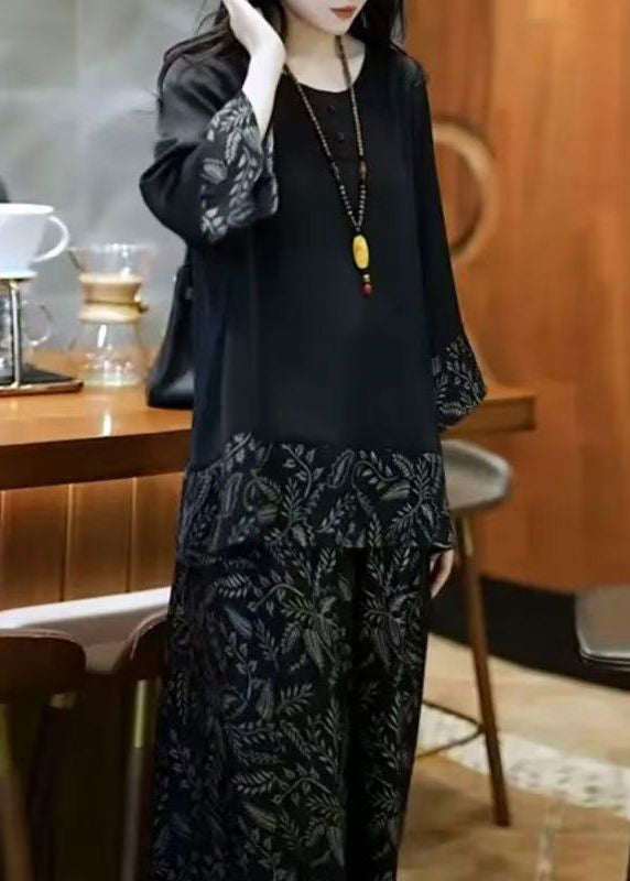 Silk Fall Black O Set Neck French Print Patchwork Two-Piece