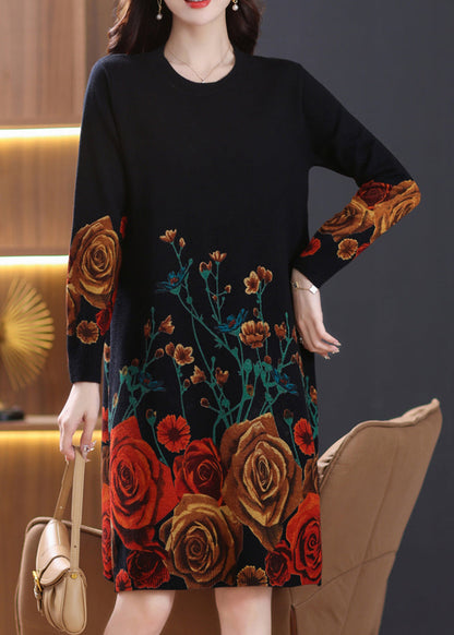 French Black O-Neck Print Wool Knit Dresses Spring TB013