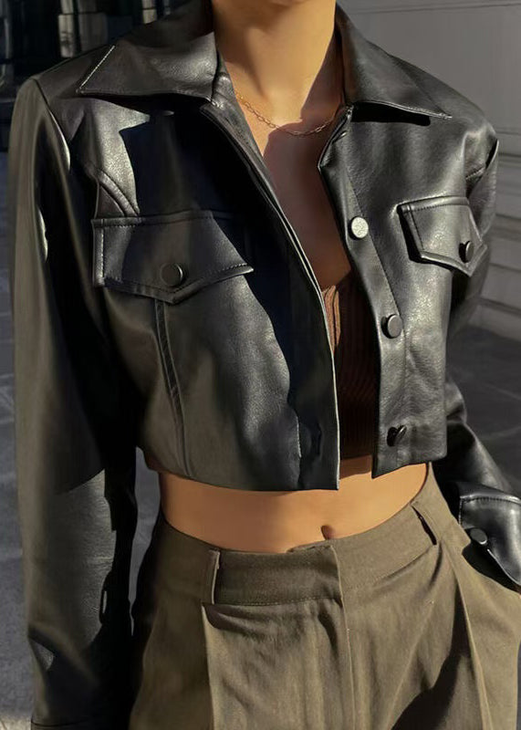 French Black Peter Pan Collar Button Faux Leather Short Coat Spring YZ039