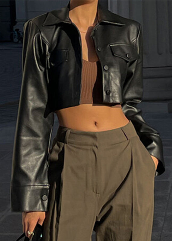 French Black Peter Pan Collar Button Faux Leather Short Coat Spring YZ039