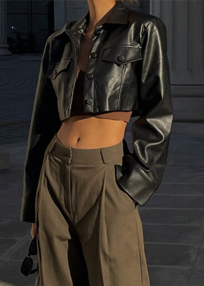 French Black Peter Pan Collar Button Faux Leather Short Coat Spring YZ039