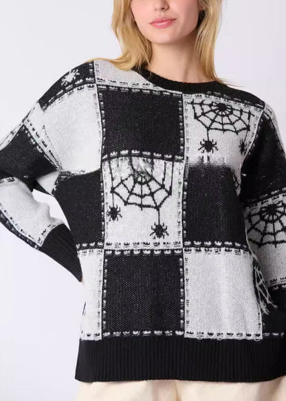 Pull en tricot patchwork confortable à carreaux noirs français Automne AE1026